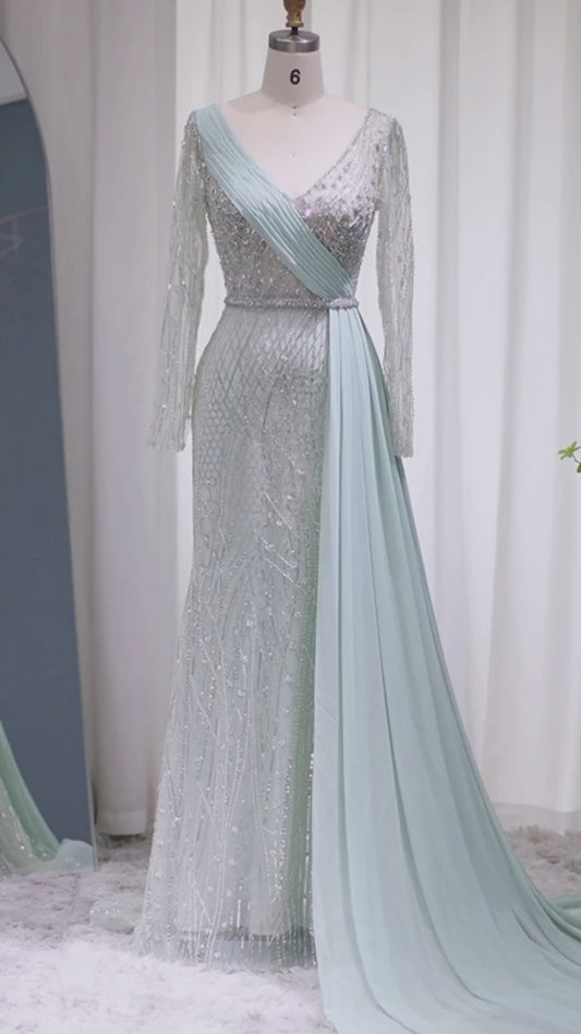 Elegante Abito da Sera Sirena Aqua di lusso con Sovrapposito in Chiffon - Taglie Forti Abbigliamento Formale di Lusso per Feste e Celebrità