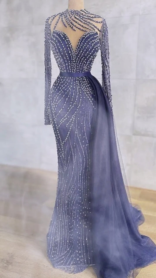Abito da Sera di Lusso Blu Navy a Sirena con Gonna Staccabile: Eleganza Araba a Maniche Lunghe per Matrimoni e Eventi Speciali