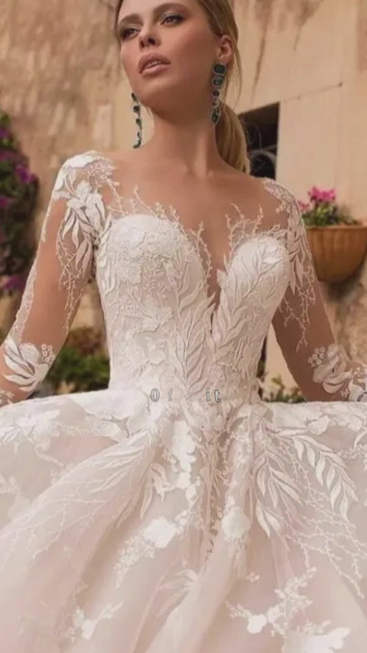 Abito da sposa sexy in tulle con applicazioni scollo a V 2024 Illusion Backless manica lunga principessa Boho Vestido De Noiva