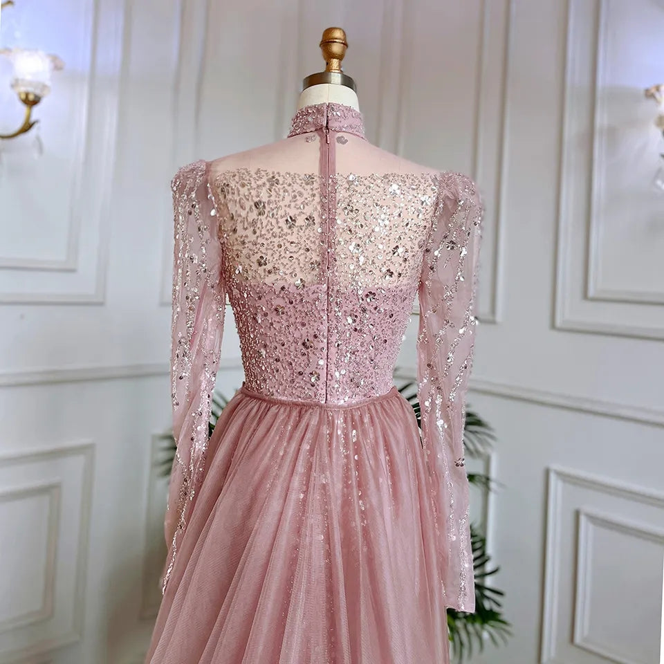Elegante abito da sera a sirena rosa per donna 2023 maniche lunghe collo alto perline paillettes abiti da cerimonia per ballo di fine anno - Bridetobe.it