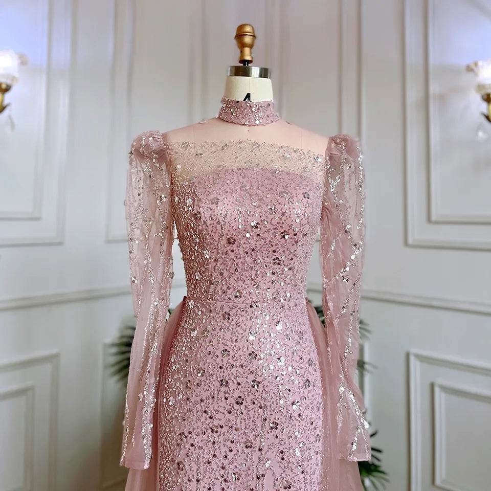 Elegante abito da sera a sirena rosa per donna 2023 maniche lunghe collo alto perline paillettes abiti da cerimonia per ballo di fine anno - Bridetobe.it