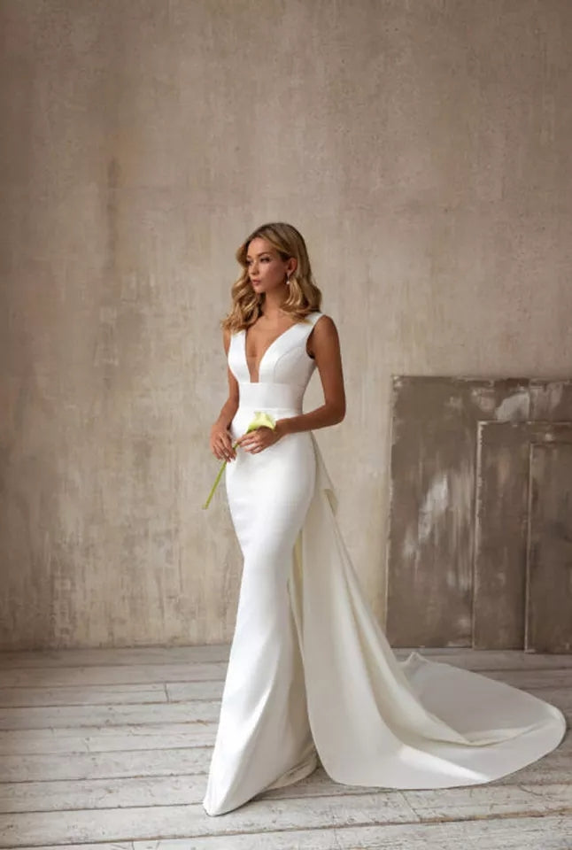 Abito da sposa elegante a sirena economico con scollo a V fiocco staccabile bianco avorio - Bridetobe.it