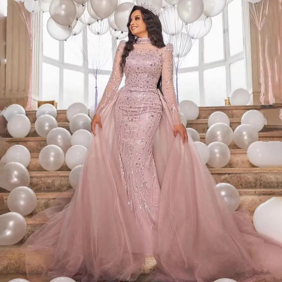 Elegante abito da sera a sirena rosa per donna 2023 maniche lunghe collo alto perline paillettes abiti da cerimonia per ballo di fine anno - Bridetobe.it