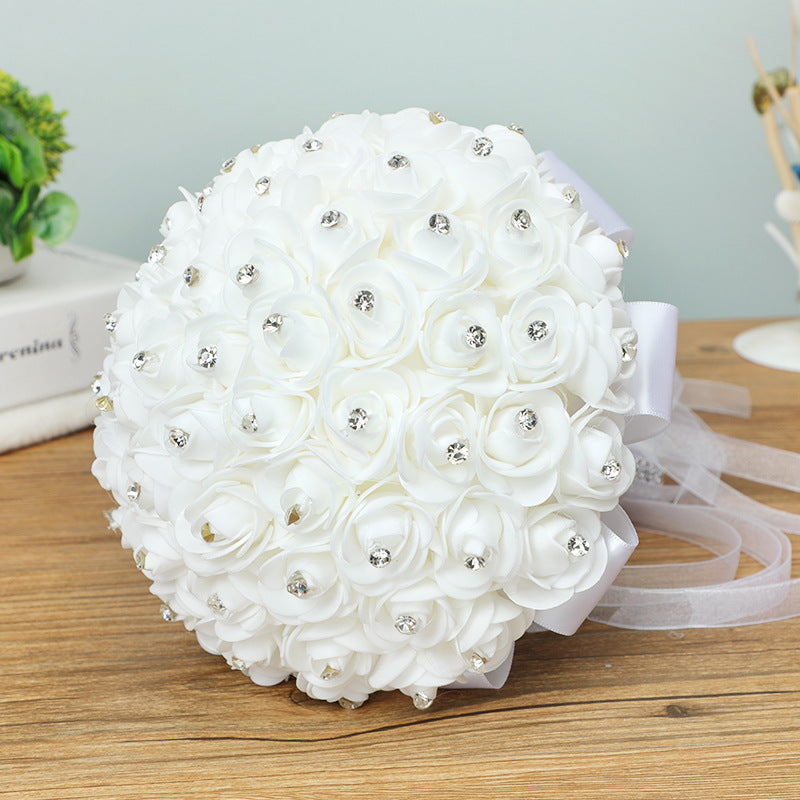 Bouquet da sposa fatto a mano con fiori artificiali in nastro di seta di rosa - Bridetobe.it