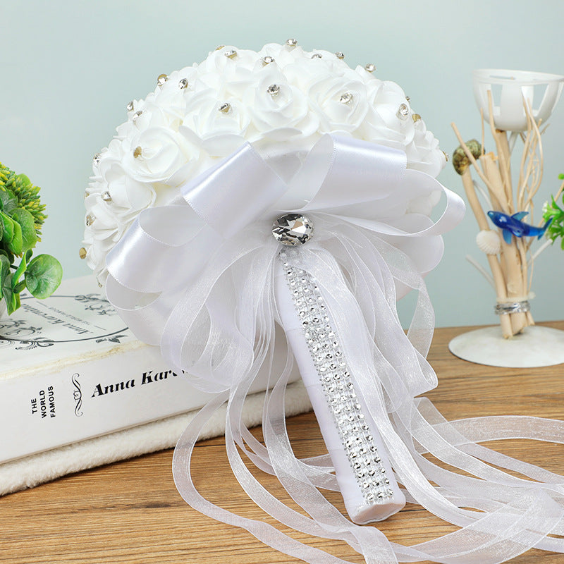 Bouquet da sposa fatto a mano con fiori artificiali in nastro di seta di rosa - Bridetobe.it