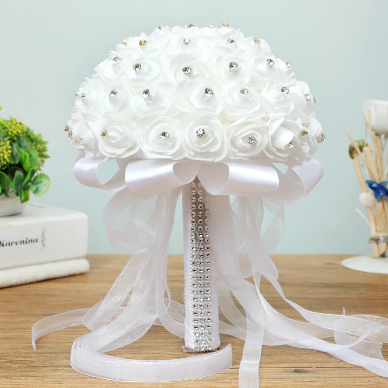 Bouquet da sposa fatto a mano con fiori artificiali in nastro di seta di rosa - Bridetobe.it