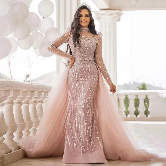 Elegante abito da sera a sirena rosa per donna 2023 maniche lunghe collo alto perline paillettes abiti da cerimonia per ballo di fine anno - Bridetobe.it