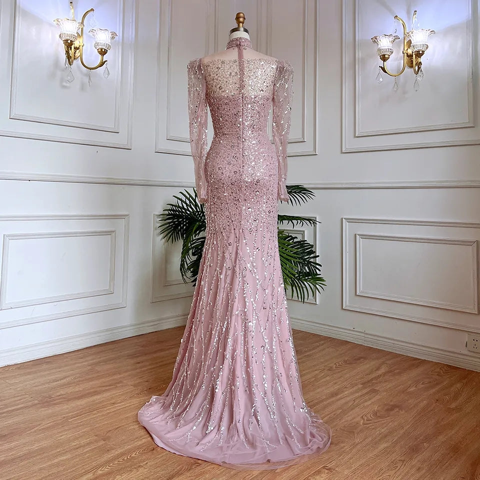Elegante abito da sera a sirena rosa per donna 2023 maniche lunghe collo alto perline paillettes abiti da cerimonia per ballo di fine anno - Bridetobe.it