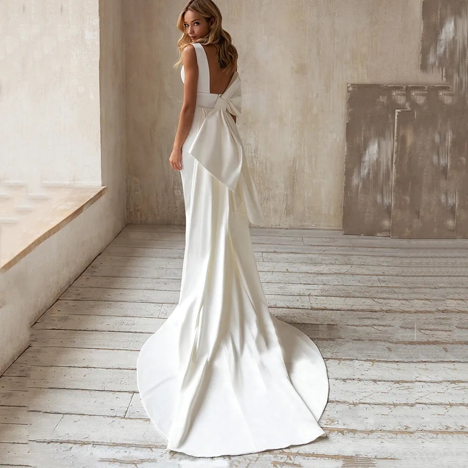 Abito da sposa elegante a sirena economico con scollo a V fiocco staccabile bianco avorio - Bridetobe.it