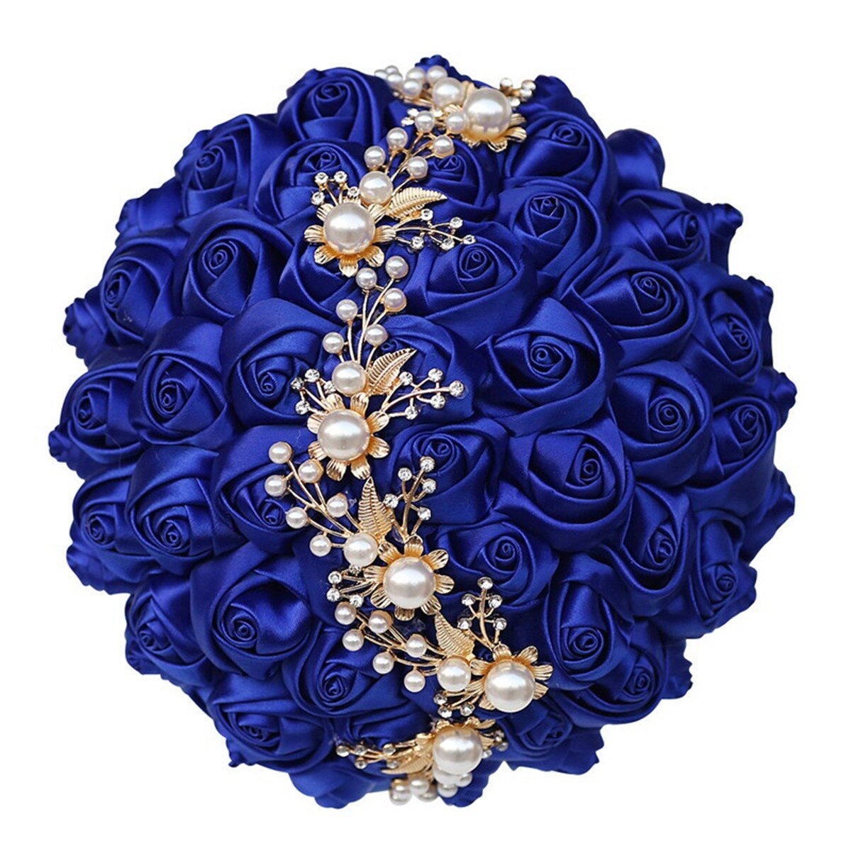 Bouquet sposa damigella fatto a mano con strass splendidi, pietre preziose, perle di diamante e rose di raso blu reale - Bridetobe.it