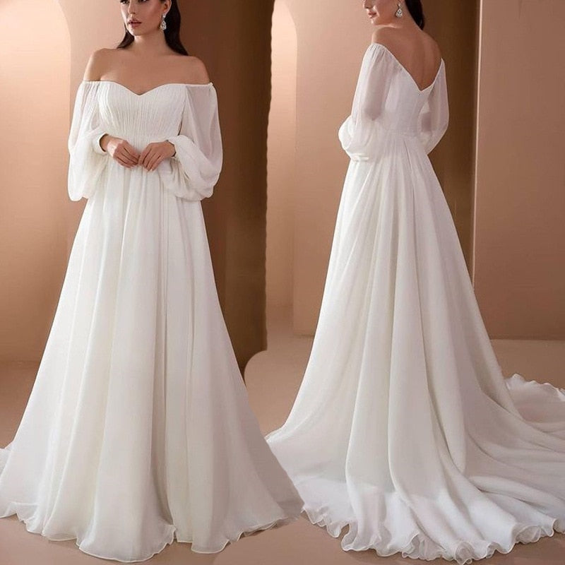 Abiti da sposa economici a maniche lunghe con spalle scoperte, lunghezza del pavimento bianco, abiti da cerimonia per matrimoni sexy femminili - Bridetobe.it