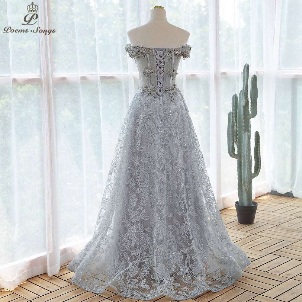 Abito da cerimonia elegante con paillettes e merletti grigi a fiori - Bridetobe.it