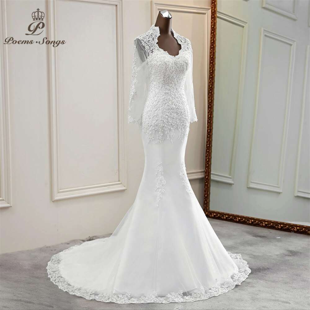 Abito da sposa elegante in pizzo con maniche lunghe e scollo a V a coda di sirena - Bridetobe.it