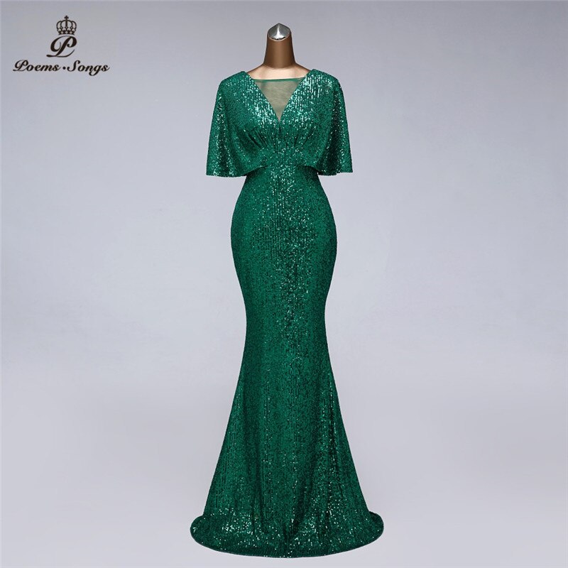 Abito lungo elegante con paillettes sexy, scollo a V e maniche corte - Bridetobe.it