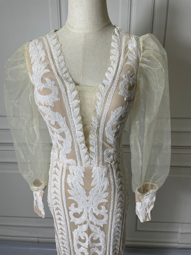 Abito a maniche lunghe Abito da sera bianco con paillettes Elegante abito da sera lungo con scollo a V - Bridetobe.it