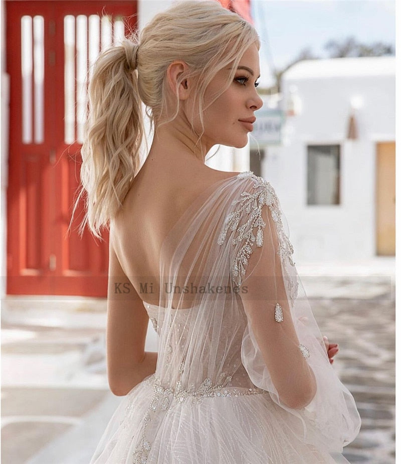 Abito da Sposa Vintage Principessa con Glitter, Perle, Pizzo e Spalla Scoperta - Bridetobe.it