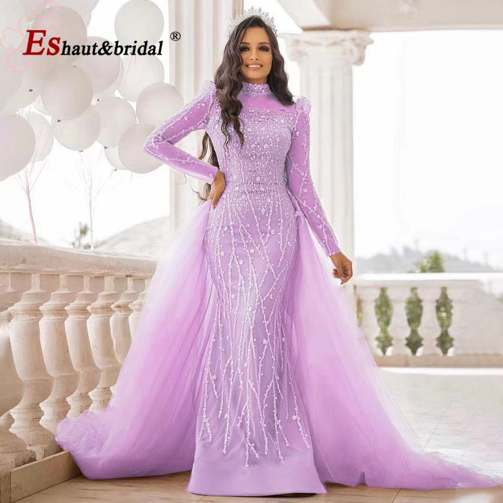 Elegante abito da sera a sirena rosa per donna 2023 maniche lunghe collo alto perline paillettes abiti da cerimonia per ballo di fine anno - Bridetobe.it