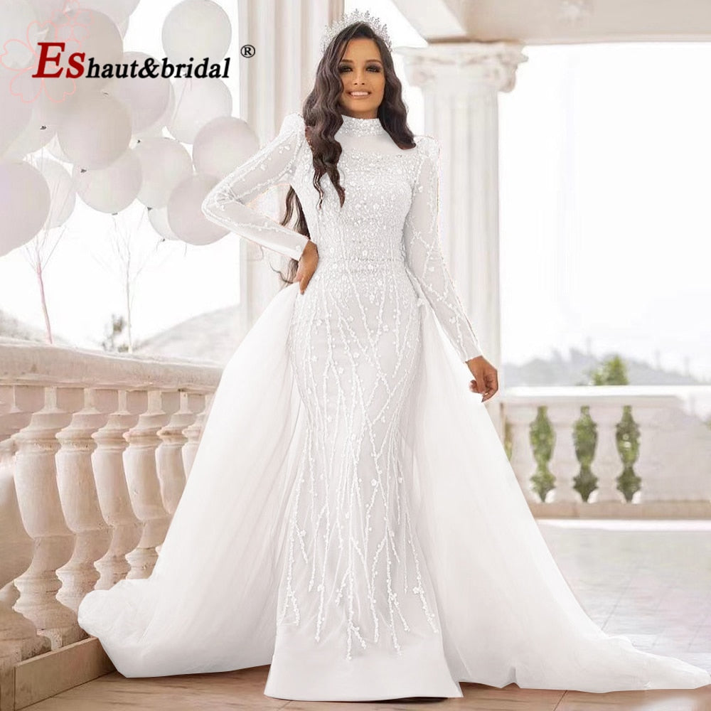 Elegante abito da sera a sirena rosa per donna 2023 maniche lunghe collo alto perline paillettes abiti da cerimonia per ballo di fine anno - Bridetobe.it