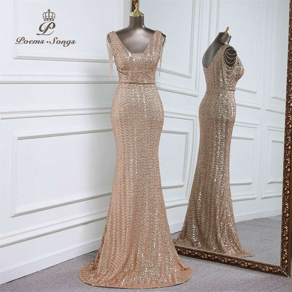 Abito da cerimonia a sirena senza maniche di lusso con paillettes - Bridetobe.it