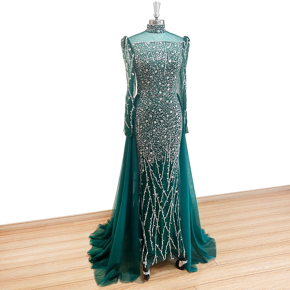 Elegante abito da sera a sirena rosa per donna 2023 maniche lunghe collo alto perline paillettes abiti da cerimonia per ballo di fine anno - Bridetobe.it