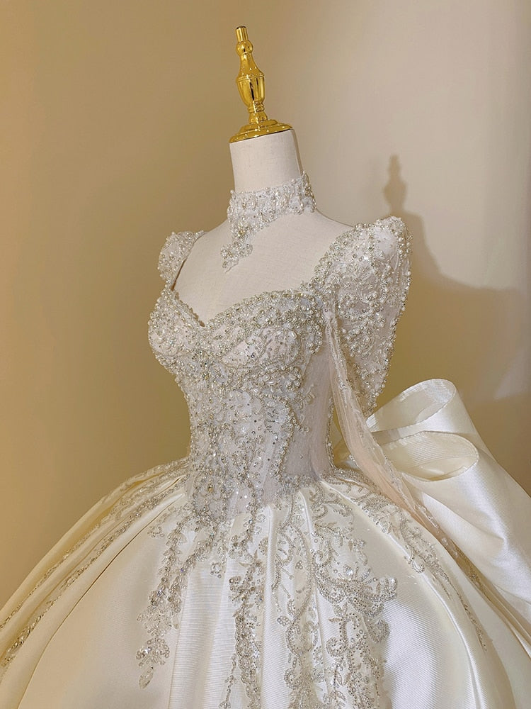 Plus Size Satin Square Collar Lace Detail Wedding Dress - Custom Made Luxury Full Skirt Floor Length or Train Bridal Gown