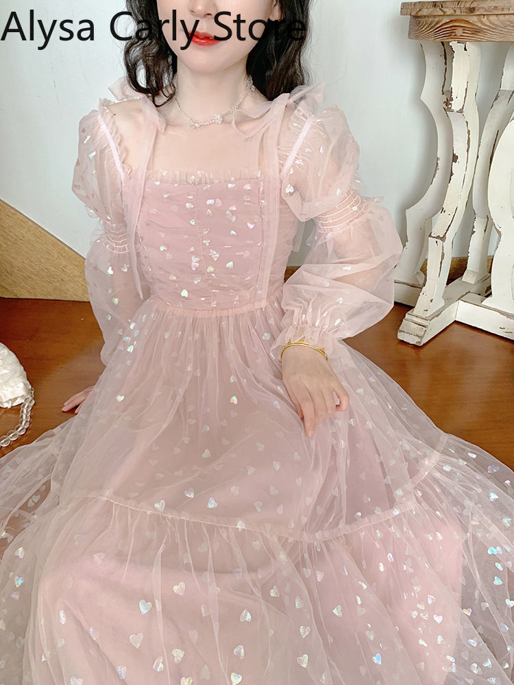 Abito da damigella d'onore in pizzo elegante con paillettes rosa patchwork abiti da festa vintage midi donna casual dolce fata principessa abito kawaii 2023 - Bridetobe.it