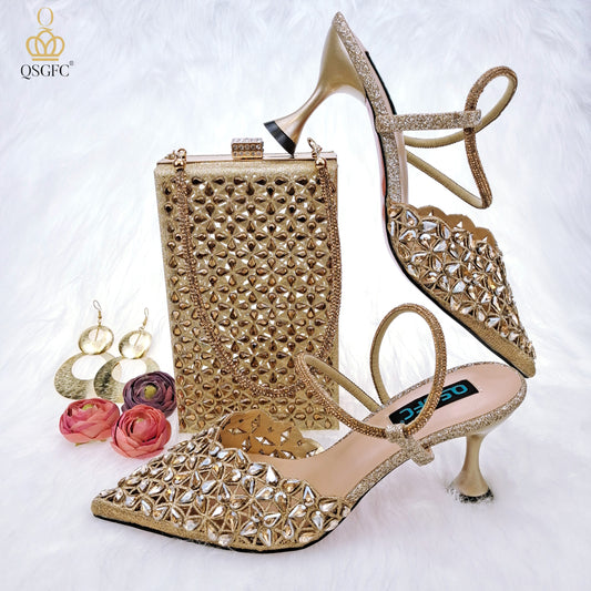 Scarpe e borsa fatte a mano con diamanti piccoli e luccicanti per le donne, dal design confortevole e affusolato. - Bridetobe.it