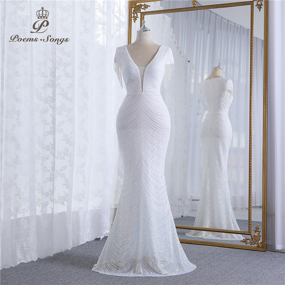 Vestito da cerimonia abito da damigella d'onore a manica corta con scollo a V elegante e con paillettes - Bridetobe.it