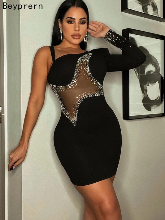Mini abiti scintillanti con strass a spalla singola glam abito da sera in cristallo patchwork da donna in rete Abiti da discoteca - Bridetobe.it