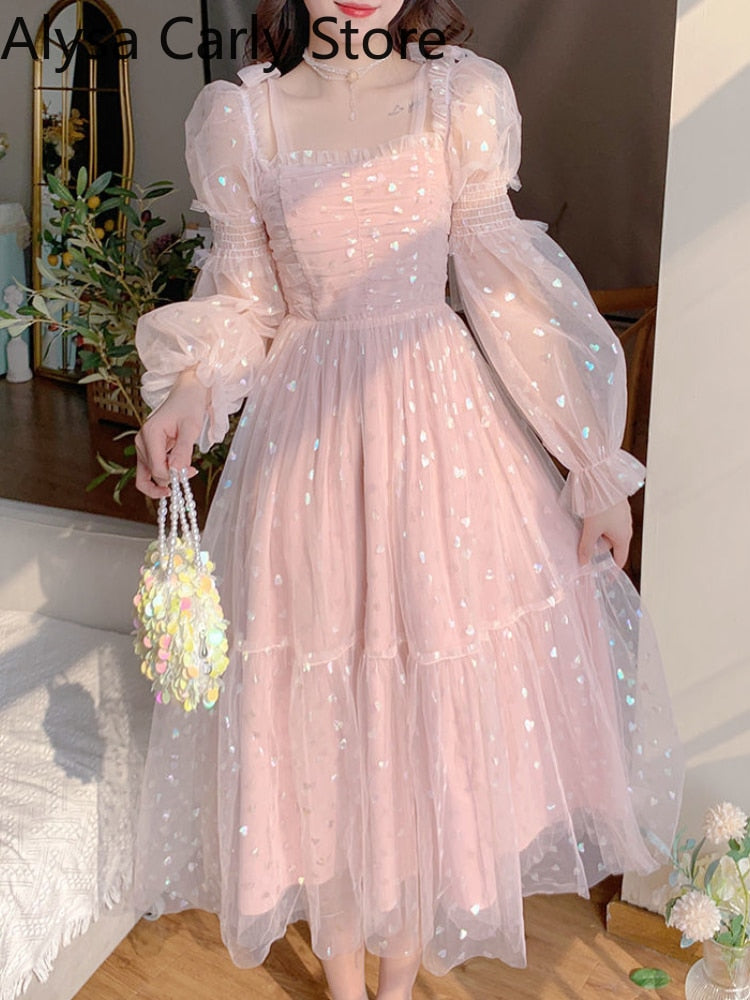 Abito da damigella d'onore in pizzo elegante con paillettes rosa patchwork abiti da festa vintage midi donna casual dolce fata principessa abito kawaii 2023 - Bridetobe.it