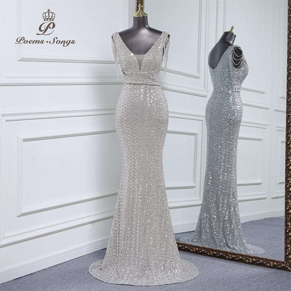 Abito da cerimonia a sirena senza maniche di lusso con paillettes - Bridetobe.it