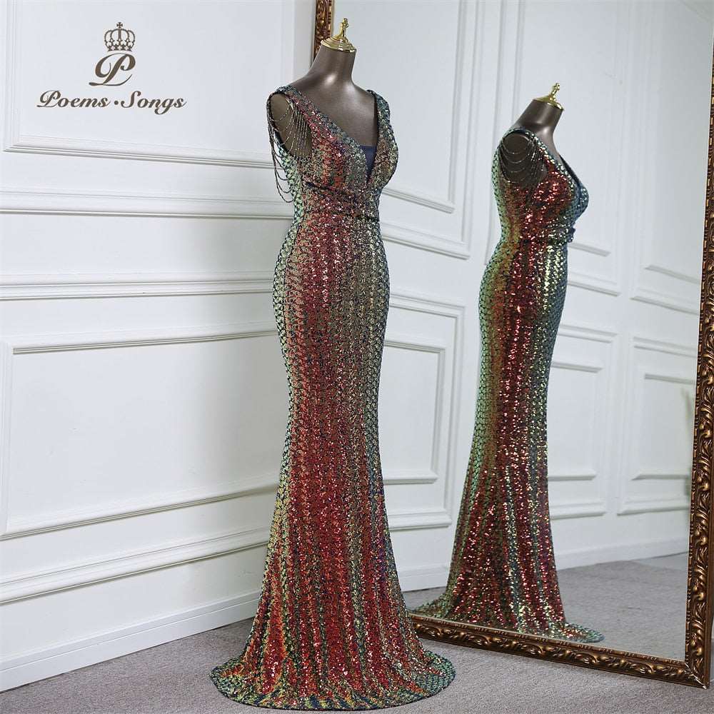 Abito da cerimonia a sirena senza maniche di lusso con paillettes - Bridetobe.it