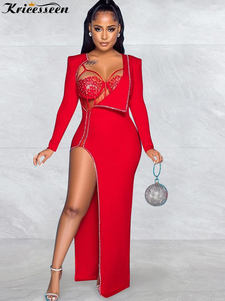 Abito da sera sexy con strass impreziosito da body Set elegante abito da donna in due pezzi con spacco alto aderente da discoteca - Bridetobe.it