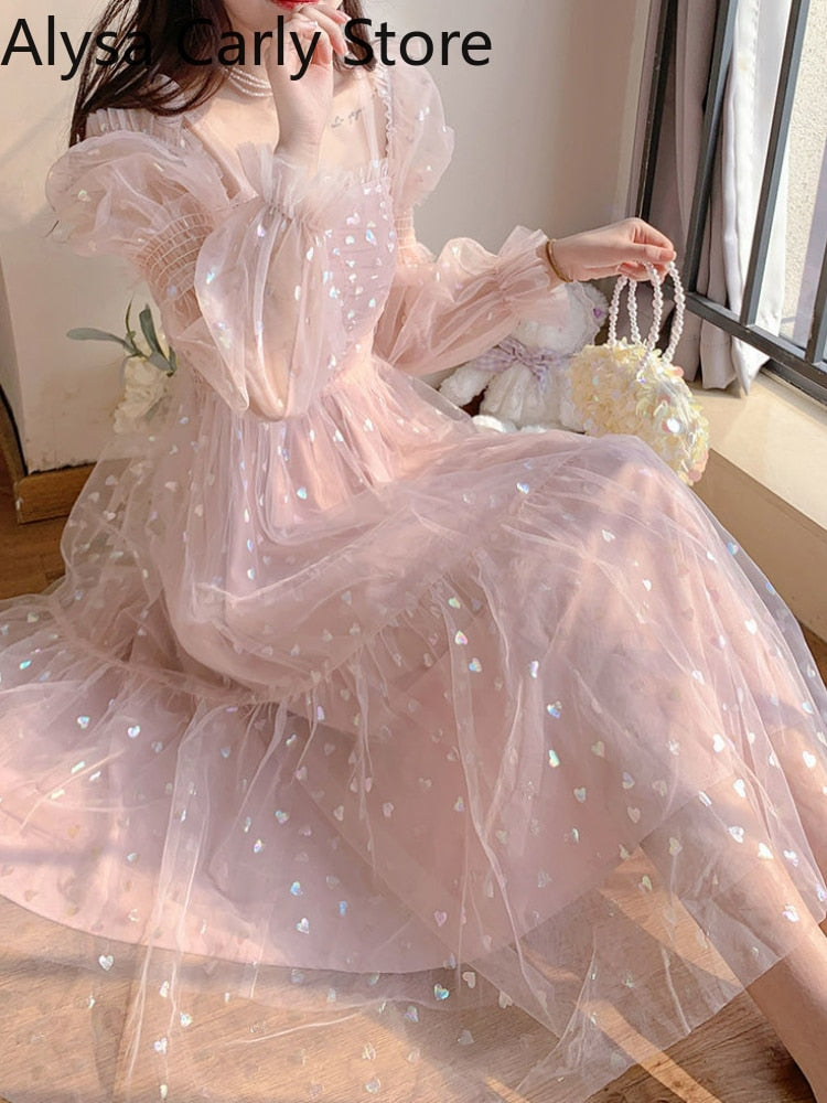 Abito da damigella d'onore in pizzo elegante con paillettes rosa patchwork abiti da festa vintage midi donna casual dolce fata principessa abito kawaii 2023 - Bridetobe.it
