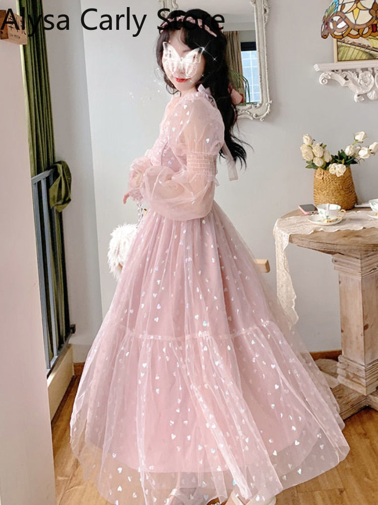 Abito da damigella d'onore in pizzo elegante con paillettes rosa patchwork abiti da festa vintage midi donna casual dolce fata principessa abito kawaii 2023 - Bridetobe.it