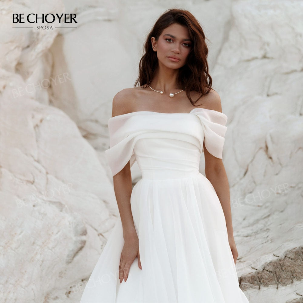 Abito da sposa con spalle scoperte mordern A-Line con cerniera Abito da sposa 2023 Corte dei treni Principessa BECHOYER NR270 Plus Size Vestido de Noiva - Bridetobe.it