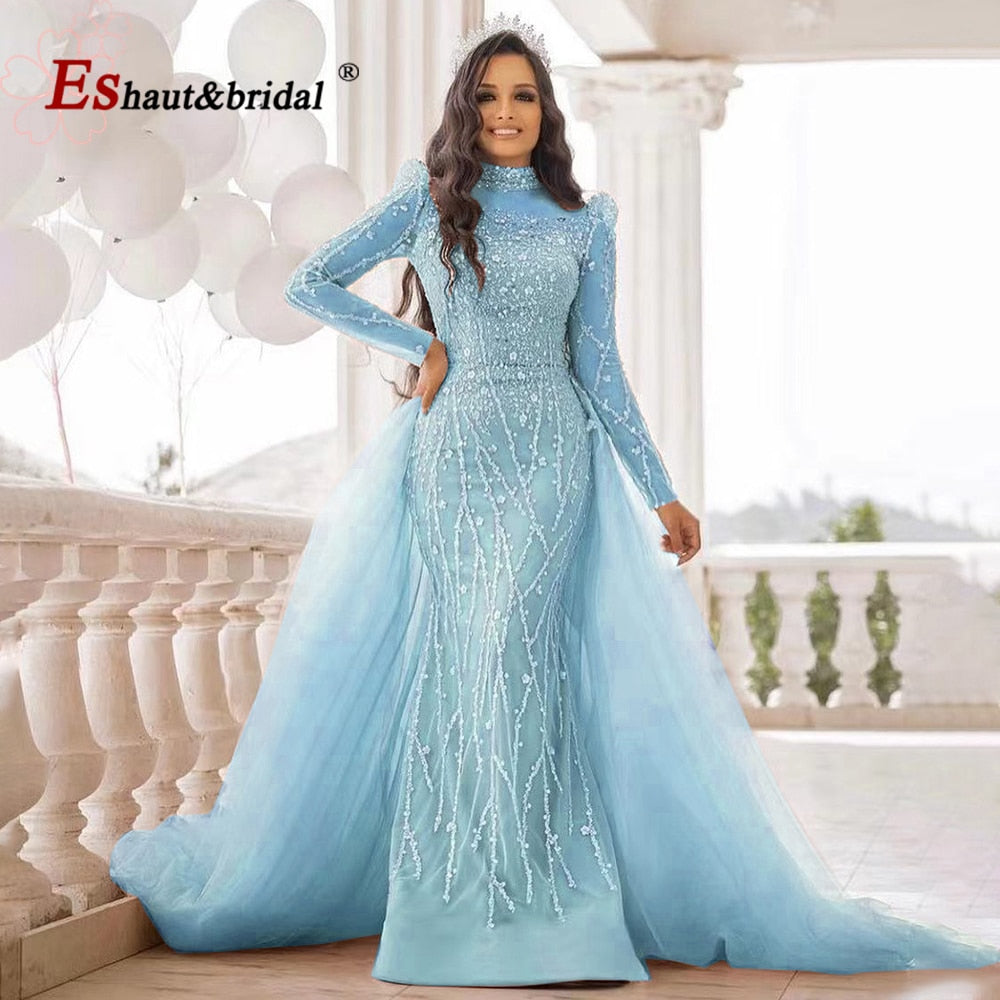 Elegante abito da sera a sirena rosa per donna 2023 maniche lunghe collo alto perline paillettes abiti da cerimonia per ballo di fine anno - Bridetobe.it