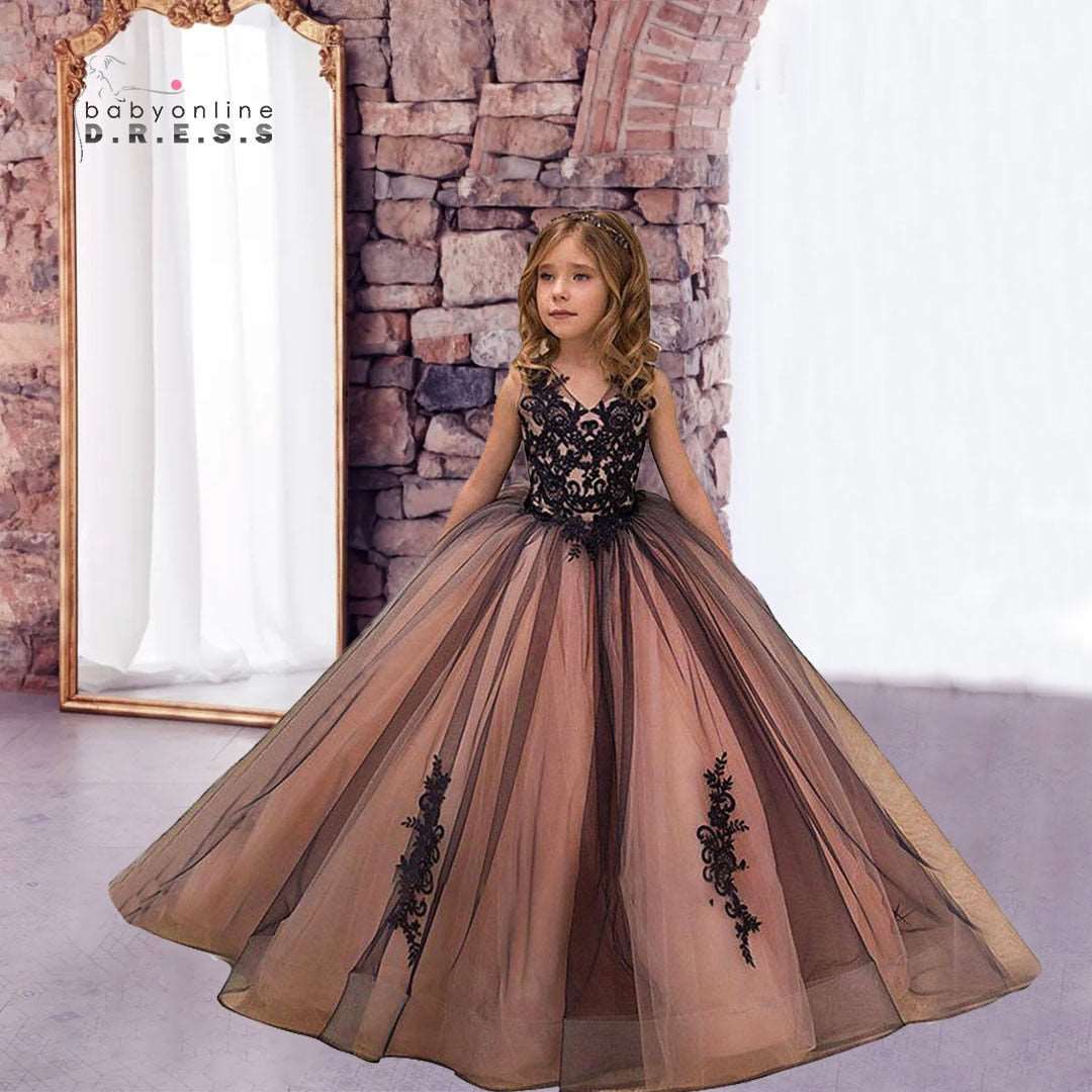 Abito da ballo senza maniche in tulle con applicazioni di fiori per matrimonio e compleanno con scollo a V - Bridetobe.it