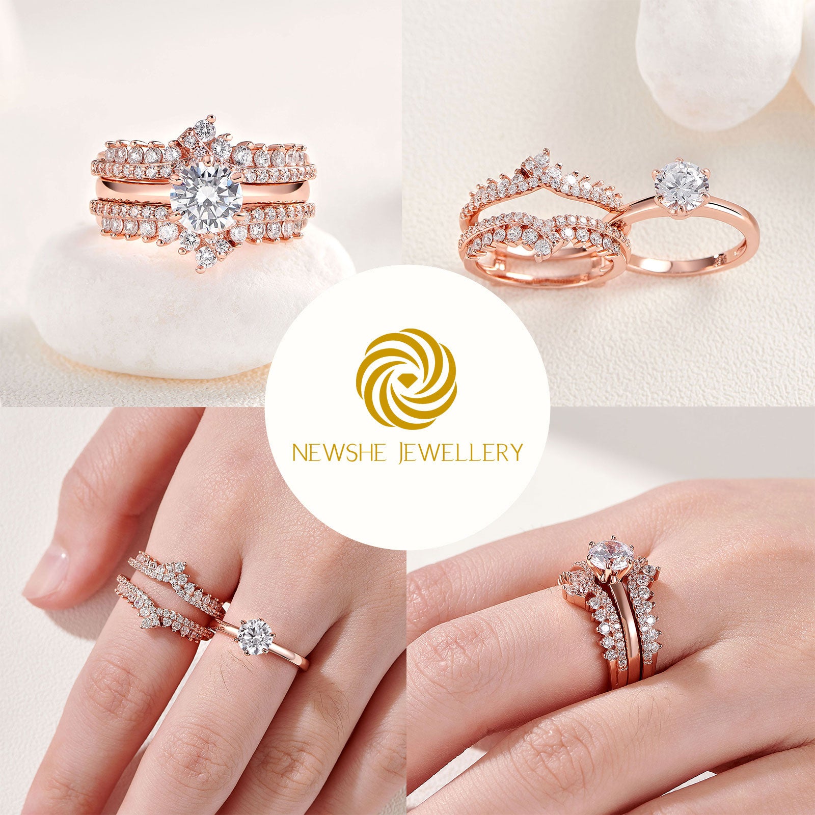 Set di anelli di fidanzamento/matrimonio in oro giallo/rosa 925 Sterling Silver di alta qualità con zirconi per donne - Bridetobe.it