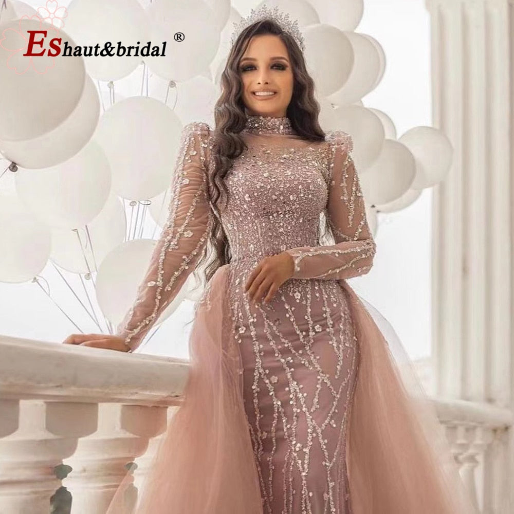 Elegante abito da sera a sirena rosa per donna 2023 maniche lunghe collo alto perline paillettes abiti da cerimonia per ballo di fine anno - Bridetobe.it