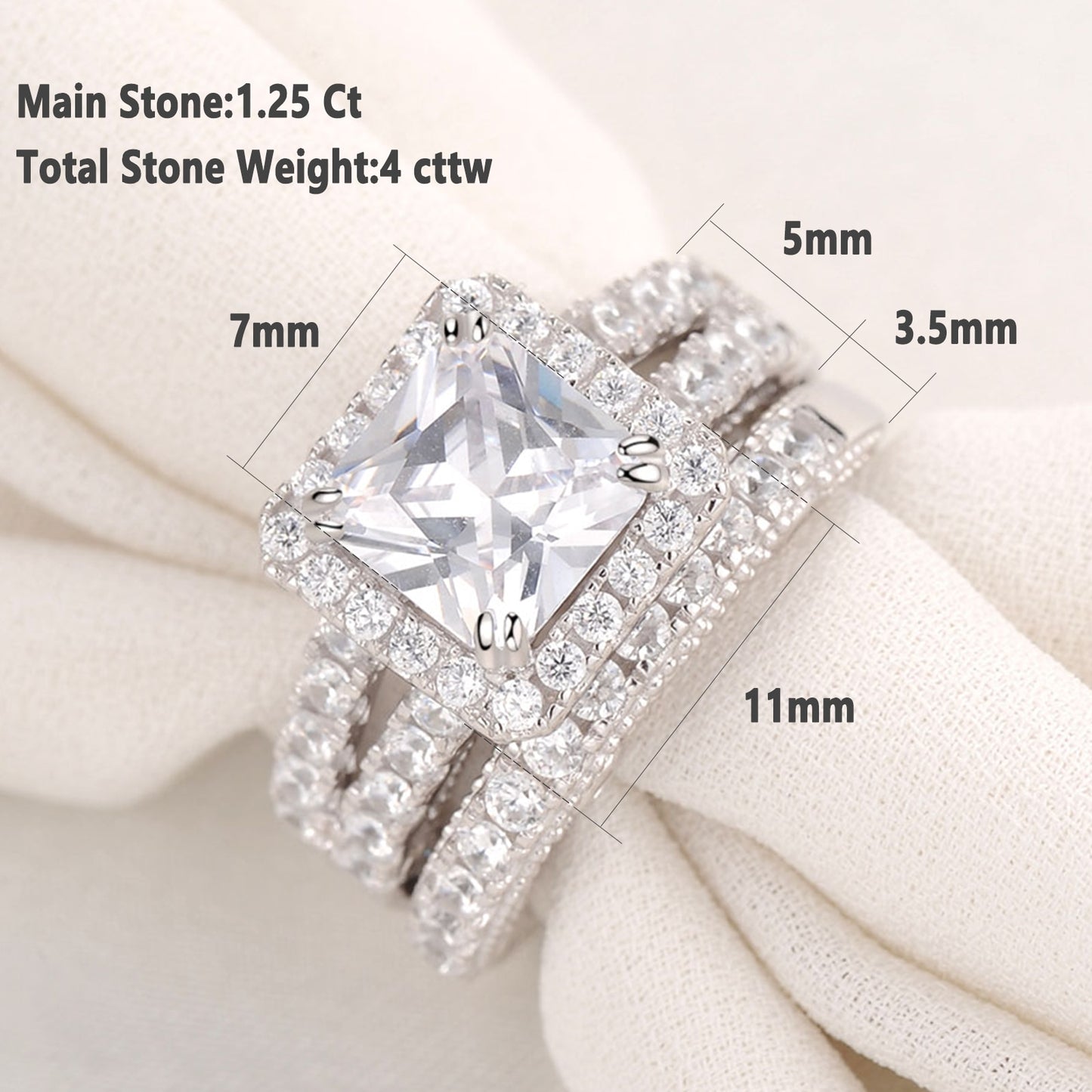 Set di anelli di fidanzamento in zircone 2 pezzi, argento sterling 925 massiccio, 4 carati taglio principessa AAAAA CZ - Bridetobe.it