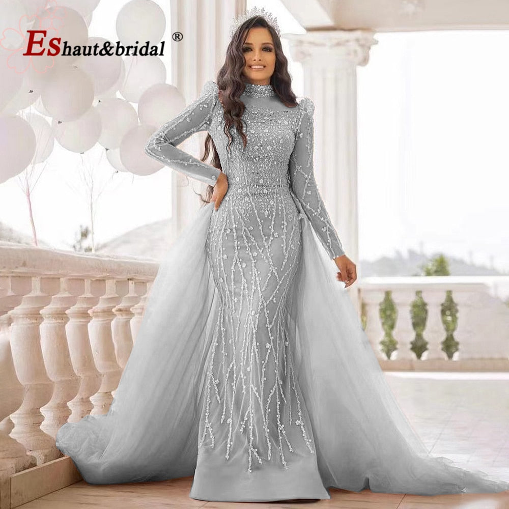 Elegante abito da sera a sirena rosa per donna 2023 maniche lunghe collo alto perline paillettes abiti da cerimonia per ballo di fine anno - Bridetobe.it