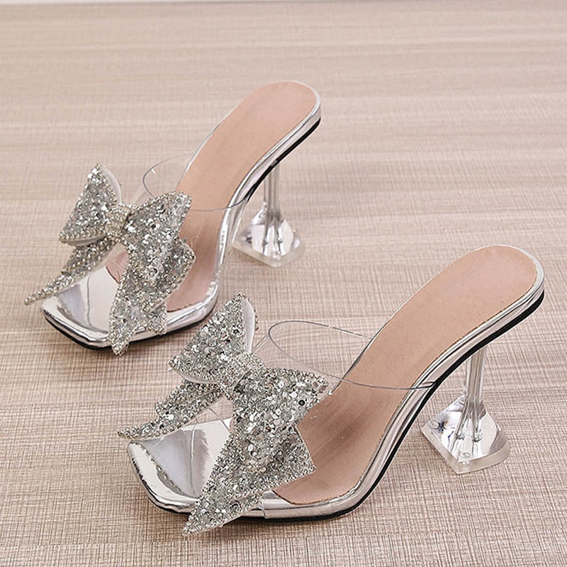 2023 nuove scarpe da sposa trasparenti fatte a mano pantofole per le donne moda argento cristallo bowknot tacchi alti muli femminili scivoli sandali estivi scarpe - Bridetobe.it