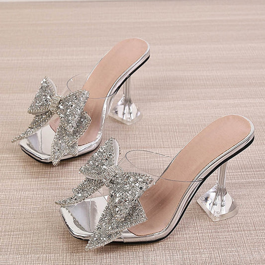 2023 nuove scarpe da sposa trasparenti fatte a mano pantofole per le donne moda argento cristallo bowknot tacchi alti muli femminili scivoli sandali estivi scarpe - Bridetobe.it