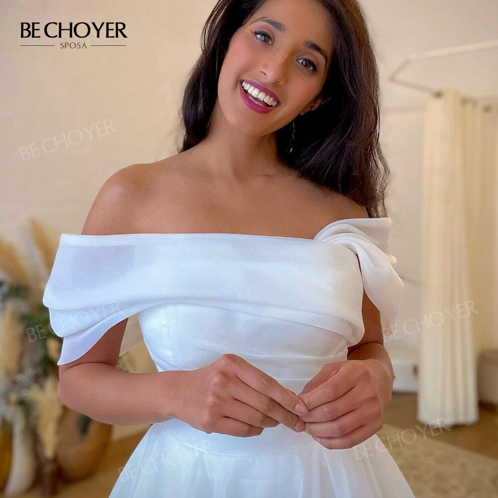 Abito da sposa con spalle scoperte mordern A-Line con cerniera Abito da sposa 2023 Corte dei treni Principessa BECHOYER NR270 Plus Size Vestido de Noiva - Bridetobe.it