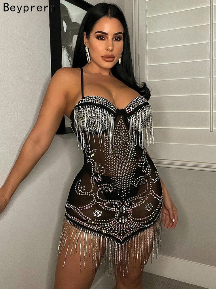 Abito da festa corto con frange di strass a rete trasparente scintillante Abito da discoteca con paillettes glamour da donna estivo Abiti da compleanno - Bridetobe.it