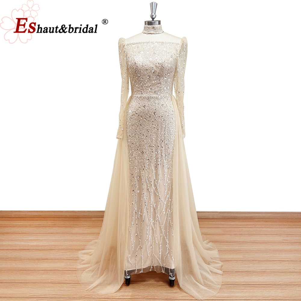 Elegante abito da sera a sirena rosa per donna 2023 maniche lunghe collo alto perline paillettes abiti da cerimonia per ballo di fine anno - Bridetobe.it