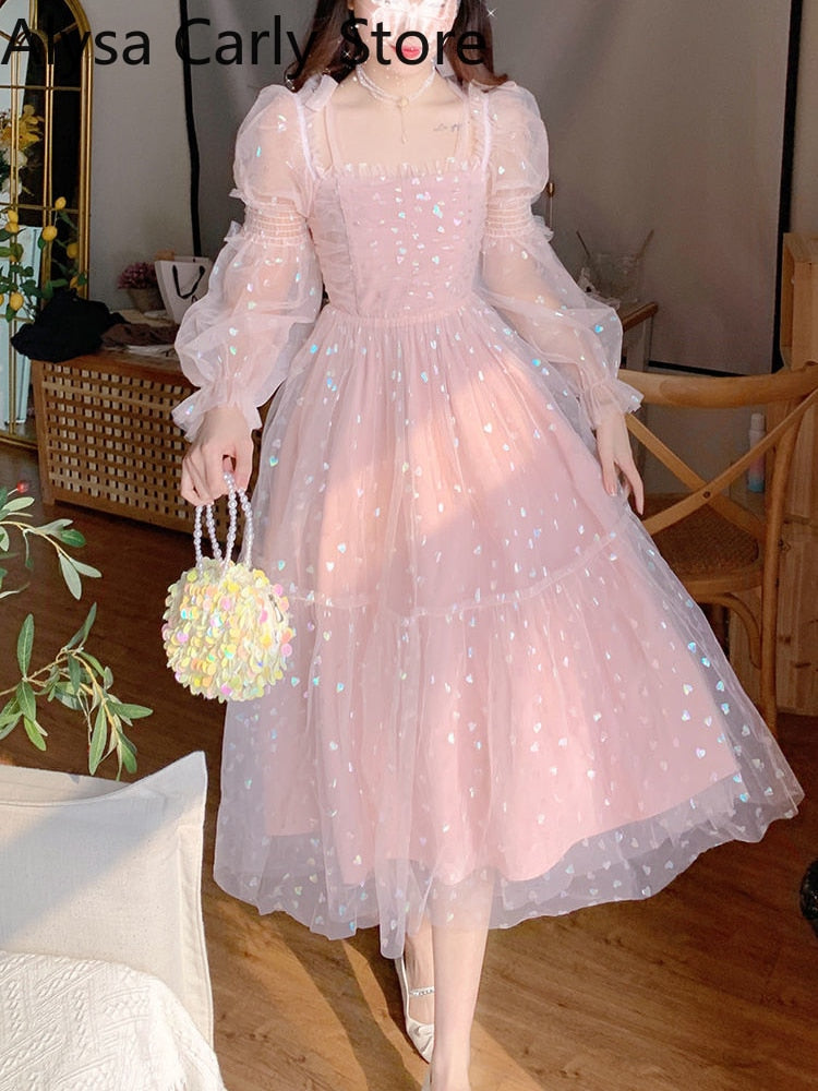 Abito da damigella d'onore in pizzo elegante con paillettes rosa patchwork abiti da festa vintage midi donna casual dolce fata principessa abito kawaii 2023 - Bridetobe.it