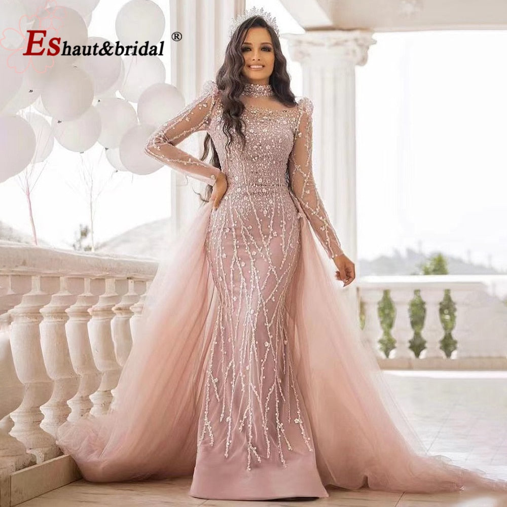 Elegante abito da sera a sirena rosa per donna 2023 maniche lunghe collo alto perline paillettes abiti da cerimonia per ballo di fine anno - Bridetobe.it