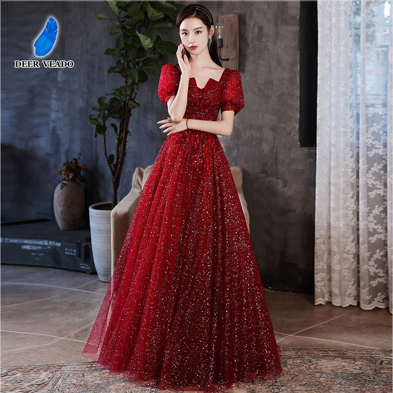 Una linea con scollo a V Tulle Appliques Abiti da ballo da damigella d'onore Lungo 2023 Maniche a sbuffo Abito da cerimonia formale per donna Abito lungo da ballo - Bridetobe.it